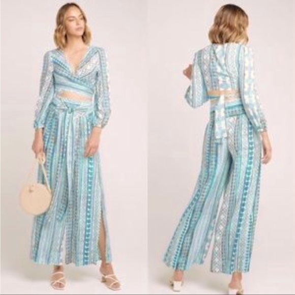 Zhu Ulma Minty Green Geo Paisley Print Crop Top Pant Set SzXS Wide Leg Side Wrap - Picture 1 of 16